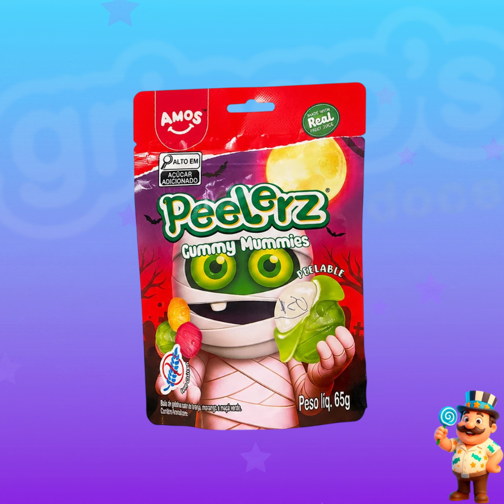 BALA DE GELATINA AMOS PEELZ MUMMIES LARANJA MORANGO E MAÇÃ VERDE 65G