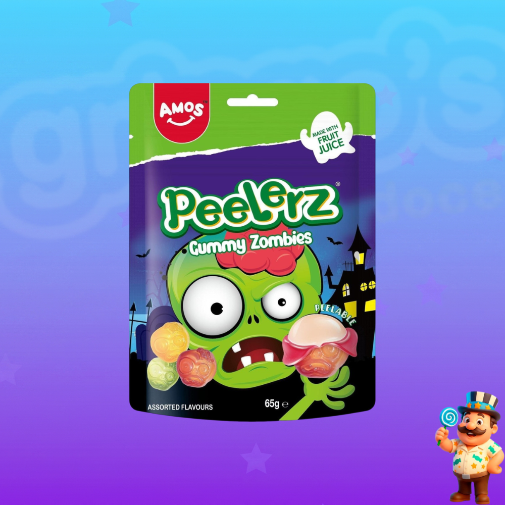 BALA DE GELATINA AMOS PEELERZ GUMMY ZOMBIES UVA LARANJA E MAÇÃ VERDE 65G
